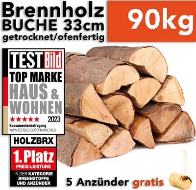 Produktbild von Brennholz Kaminholz Feuerholz Buche 90kg im Karton / 33cm Länge ofenfertig gesägt gespalten getrocknet (firewood beech / bois de chauffage hêtre) HOLZBRX