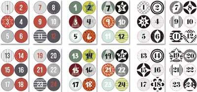 A collage of multiple sheets of round stickers with numbers for an advent calendar.