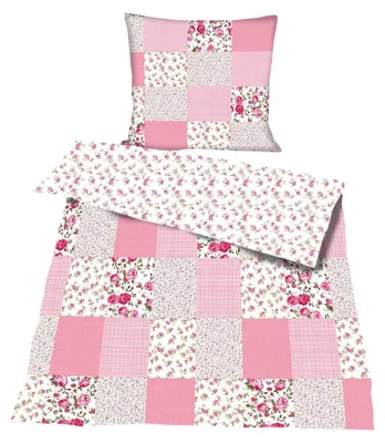 Produktbild von Bettwäsche rosa Baumwolle Patchwork Print 2 teilig 135x200 80x80 cm