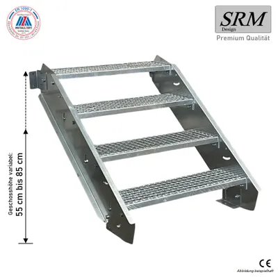 A metal staircase with four steps, shown from a diagonal angle against a white background.