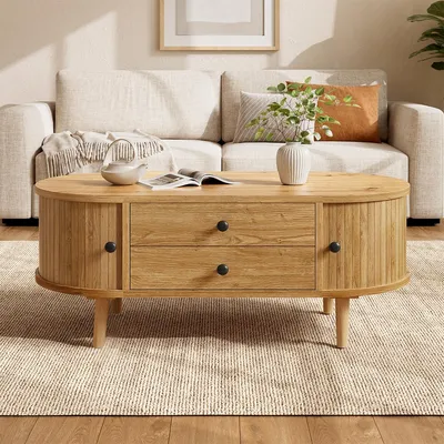 Produktbild von Couchtisch mit 2 Schubladen Ovaler Beistelltisch Wohnzimmertisch 100 L x 50 B x 40 H Oak