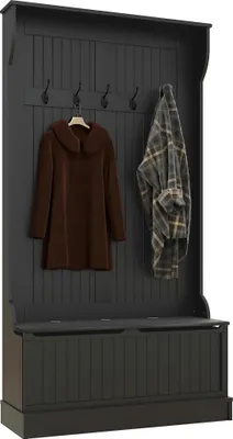Image de Vestiaire d'entrée - portemanteau avec rangement pour chaussures - 5 crochets - banc avec espace de rangement - bois - design moderne - 96x34x179,7 cm - noir