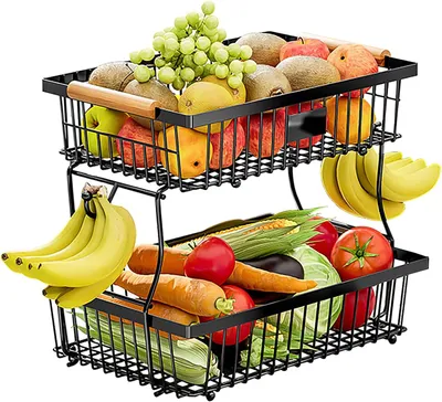 Produktbild von Obstschale 2 Etagen,Arbeitsplattenregal für die Küche,Gemüseregal,mit Holzgriff,Fruchtkorb mit 2 Bananenaufhängern,Küchenaufbewahrung,Frühstücksstände