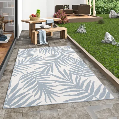 Produktbild von In & Outdoor Teppich Flachgewebe Marbella Blau Creme Blätter, Größe:80x150 cm