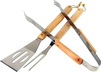 Image de BURI BBQ Couverts pour barbecue 3 PIÈCES. Acier inoxydable Manche en bois Couverts Barbecue Pince Manette Fourchette