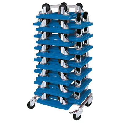 Produktbild von 15 x Kistenroller 600x400 mm, blau, Tragkr. 250 kg + Rollerständer aus Edelstahl