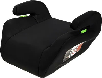 A black child car seat booster is shown from a slightly elevated side angle against a white background.