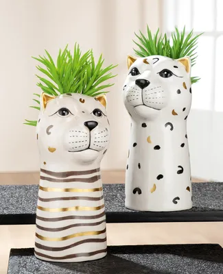 Obrázek produktu pro Váza Gilde, leopardí vzor, „Lois“, zvířecí vzor, pruhovaná, keramika, béžová, bílá, délka 12 cm, šířka 10,5 cm, výška 22 cm 51893 4063387518939 2 kusy (2 různé vzory)