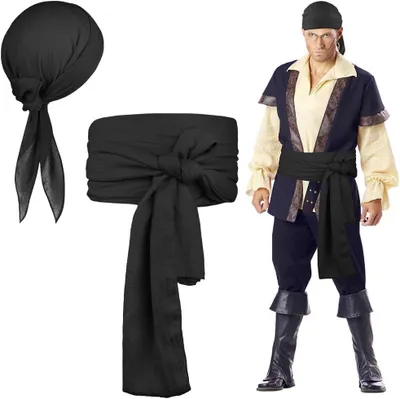 Produktbild von Piratenkostüm Zubehör Set, für Halloween Party, mit Bandana, Schärpe, Augenklappe, Kette