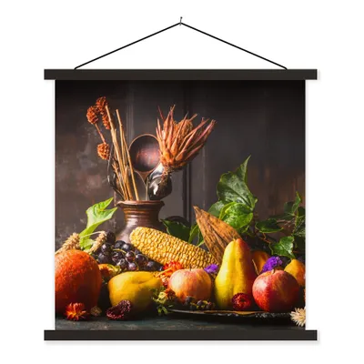 Produktbild von MuchoWow® Textilposter Gemüse - Obst - Rustikal - Tisch 60x60 cm mit schwarzem Rahmen - Posteraufhänger