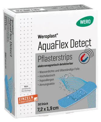 Produktbild von Weroplast AquaFlex Detect Pflasterstrips 7,2x1,9cm, detekt., 50 Stk/Pkg