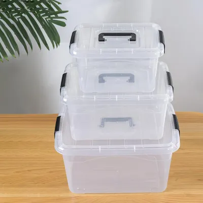 Produktbild von Transparente und stapelbare Aufbewahrungsboxen mit Deckel und Griff für Zuhause und Büro
