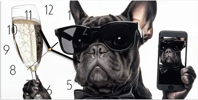 Produktbild von Wanduhr aus Glas mit Motiv Sonnenbrillenhund- 60 x 30 cm - inkl. Aufhängesystem