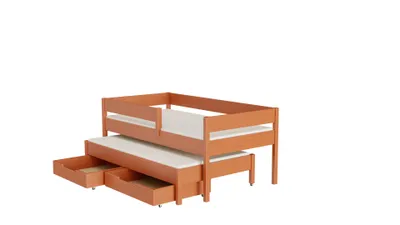 Produktbild von Ausziehbett 140x70 Kinderbett mit Rausfallschutz & Lattenrost teak 70 x 140 für Mädchen und Jungen Massivholz Kiefer und MDF Möbelplatte, mit Schubladen