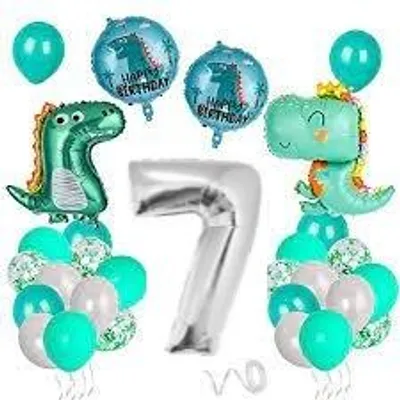 Produktbild von Geburtstagsdeko-Set mit Luftballons zum 7. Geburtstag, grüne Dinosaurier, groß