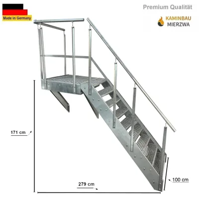 A galvanized steel staircase with a platform and railing, shown against a white background with dimensions indicated.