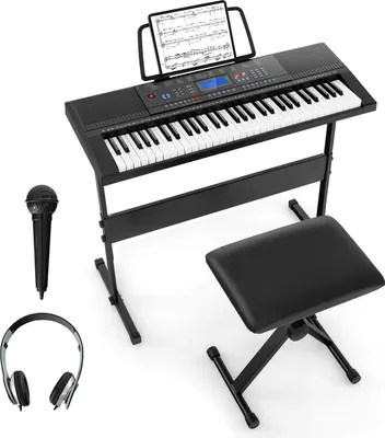 Produktbild von DREAMADE E-Keyboard mit 61 Tasten für Anfänger, Digitalpiano mit verstellbarem Ständer & Hocker, 3 Unterrichtsmodi, Stereolautsprecher, Notenständer, Mikrofon & Kopfhörer, Schwarz