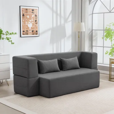 Produktbild von Sweiko 2-Sitzer-Schlafsofa aus Schaumstoff, Schlafcouch mit breiten Armlehnen, 2 Kissen, 360 kg Belastbarkeit, Grau