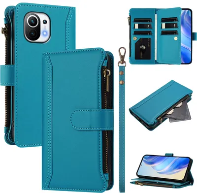 Produktbild von Handyhülle für Xiaomi Mi 11 Reißverschluss Geldbörse Kunstleder Klapphülle mit Kartensteckplatz, Ständer, Handschlaufe Blau