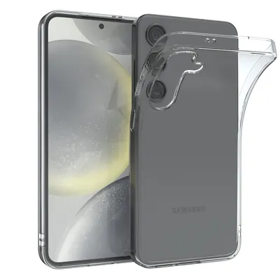 A clear phone case is shown on a white background, with a smartphone inside it.