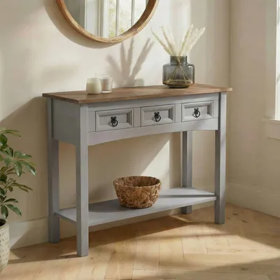 Produktbild von Konsolentisch RAMON im Mexiko Stil, eleganter Beistelltisch aus Kiefer massiv mit 3 Schubladen, 1 praktischer Ablageboden grau/braun lackiert