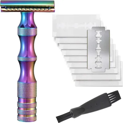 Immagine prodotto di INF Rasoio di sicurezza vintage in metallo con 10 lame e spazzolino Multicolore