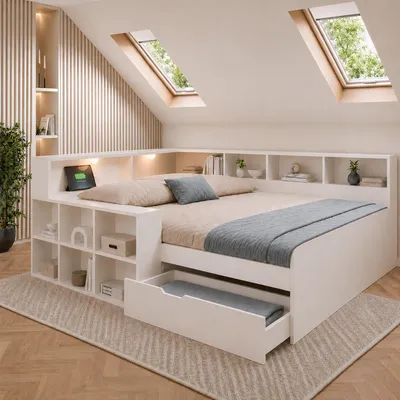 Produktbild von Flieks Jugendbett 140x190cm mit Regal und Staufächern, Schlafsofa Holzbett mit USB & Typ-C, Kinderbett Tagesbett mit Leselicht, Daybed Doppelbett Weiß