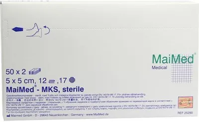 Obrázek produktu pro MaiMed-MKS-sterilní gázové štěrbinové kompresy 5x5 s 12 cestami 50x2 ks/krabice | krabice (100 ks)