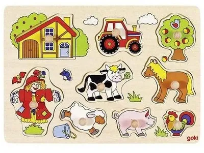 Produktbild von Personalisierbares Setzpuzzle Bauernhof Holz Puzzle Kinder Holz Spielzeug Steckpuzzle Puzzle Bauernhof Tiere Puzzle 9 Teilig Goki: Ohne Name