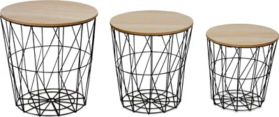Produktbild von 3er Set Beistelltisch Metall Metallkorb Drahtkorb Schwarz Couchtisch Deckel