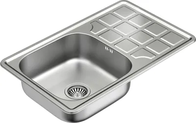 A stainless steel kitchen sink with a drainboard.