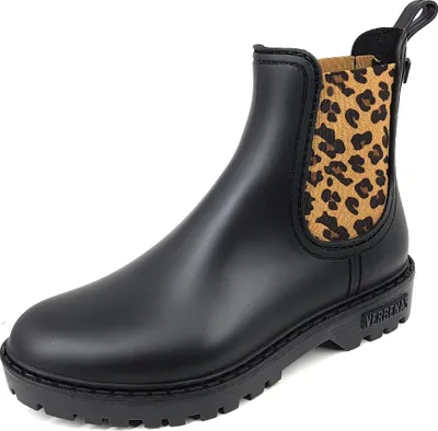 A single black ankle boot with a leopard print lining is shown against a white background.