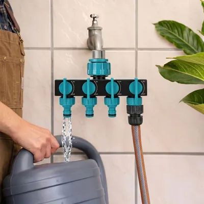 Produktbild von 4-Wege-Gartenverteiler Für Schlauch Mit Hahn Und Reduzierventil 3/4 1/2"