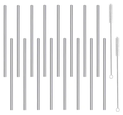 Produktbild von Edelstahl-Trinkhalme 16er Set, kurz, wiederverwendbar, mit Reinigungsbürste, 6 mm x 150 mm, Silber
