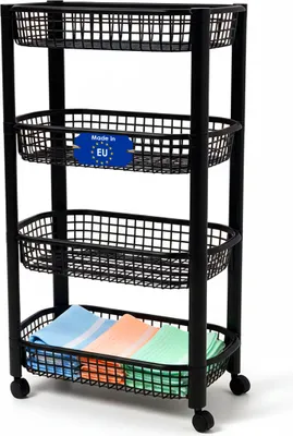 A black 4-tier rolling cart with wire baskets, shown against a white background. The bottom basket contains folded towels in blue, orange, and green.