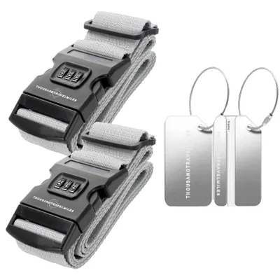 Produktbild von Koffergurt & Gepäckanhänger Set 4-teilig – Kofferband mit Zahlenschloss + Aluminium Adressanhänger Silber Thousandtravelmiles