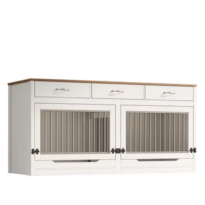 Produktbild von XXL Hundekäfig Möbel 2 Hunde Holz Metall mit Schubladen Trennwand, 164×60×81cm, Weiß