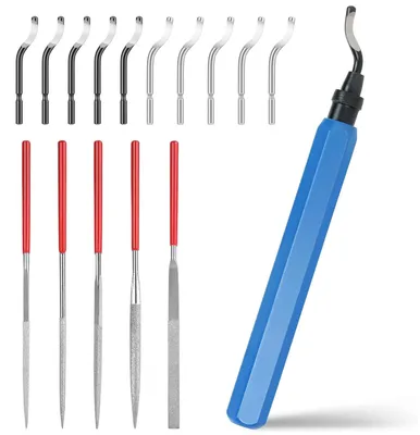 Produktbild von Entgratwerkzeug Set, 16-teilig, Aluminiumgriff, 10 Ersatzklingen, 5 Diamantfeilen, für Kunststoff und Metall