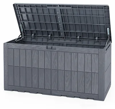 Produktbild von KOMFOTTEU 455 L wetterfeste Auflagenbox, abschließbare Aufbewahrungsbox mit Deckel, Gasdruckfedern & Griffen, 2-in-1 Terrassenbank und Kissenbox für Kissen, Gartenwerkzeug & Poolzubehör