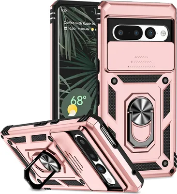 Image de Étui pour Google Pixel 7 étui double couche avec couvercle coulissant pour l'appareil photo et support annulaire Rose