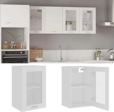 A kitchen scene with white cabinets, a sink, and an oven, along with separate images of a white cabinet with a glass door.