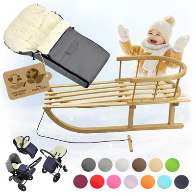 Produktbild von BAMBINIWELT HOLZSCHLITTEN mit Rückenlehne (90cm) + WINTERFUßSACK (90cm) Kinderwagen WOLLE hellgrau