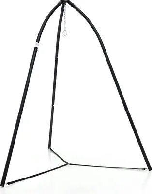 A black metal hammock stand with a tripod base and a hanging hook at the top.