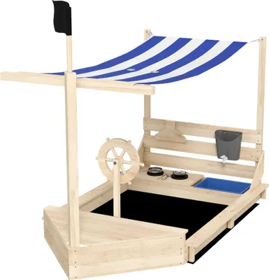 Produktbild von Sandkasten mit Sonnendach Piratenschiff, inkl. Kinderküchenspielset, Massivholz, 180 x 103 x 144,5 cm, Natur + Blau