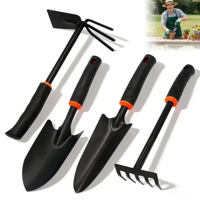 Produktbild von Gartenwerkzeugset Gartenbesteck Pflanzset - 4-teilig - Kohlenstoffstahl - Schwarz - Für Garten und Strand