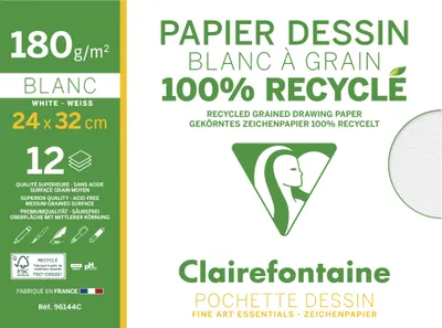 Produktbild von Clairefontaine 10x 100% recyc. Zeichenpapier Mappe 12 Blatt 24x32cm weiß 96144C