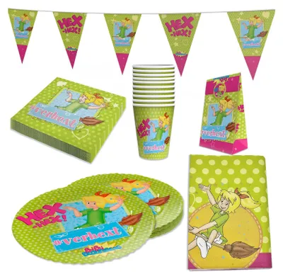 Produktbild von Bibi Blocksberg 102-tlg.Set - 2x Becher Teller Servietten Wimpel Tischdecke Tüten