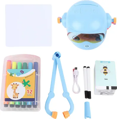 Image de Robot de dessin pour enfants, interactif, pédagogique, automatique, avec 100 cartes, 12 crayons de couleur pour garçons et filles, apprentissage préscolaire, bleu ciel
