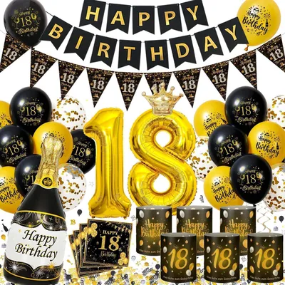 Immagine prodotto di Set di decorazioni per il 18° compleanno: palloncini, ghirlanda, lanterna, tovaglioli, coriandoli, colori nero e oro