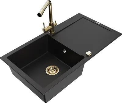 Produktbild von Mexen Leo 1 Becken-Granitspüle mit Abtropffläche und Mischbatterie Duero, Schwarz - 6501-77-671600-50